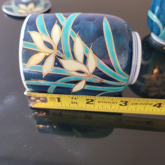 Vintage Asian Art Cups with Lids Flowers Leaves Edged in Gold Tone Hand Painted - Picture 7 of 8